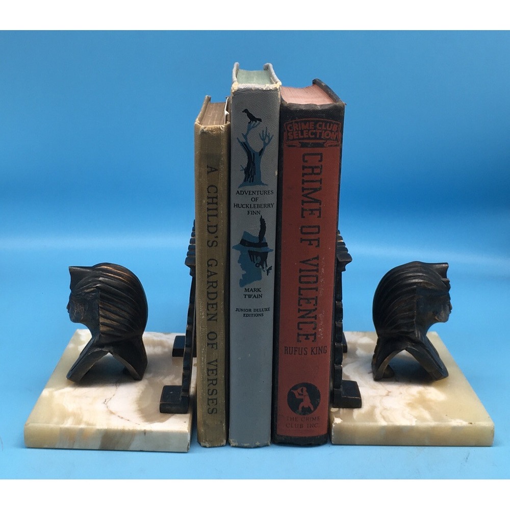 Brass Egyptian head Bookends On Blond Marble Base - Picture 3 of 10